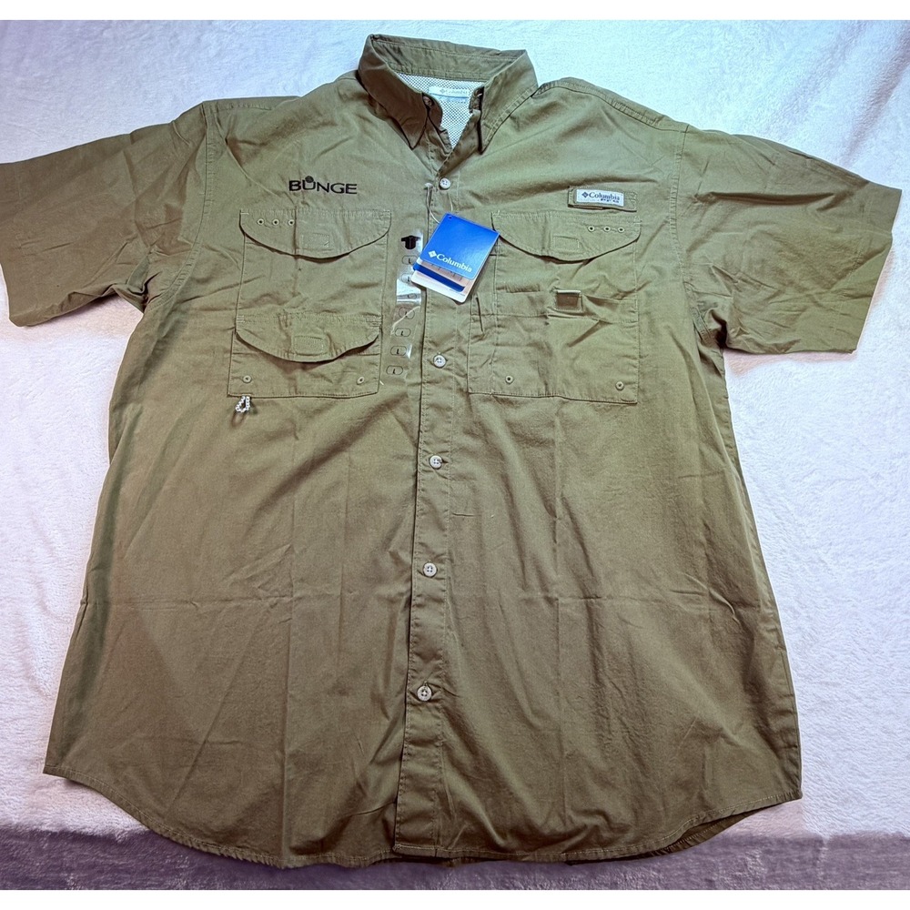 Columbia PFG Bonehead Shirt Mens Large Fossil Tan SS Vented Fishing Cotton Logo